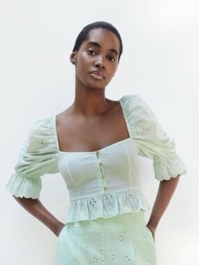 Zara Square-Neck Puff Sleeve Eyelet Top in Mint Green